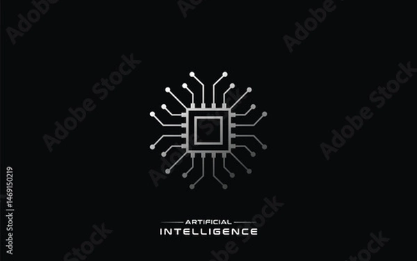 Fototapeta Artificial Intelligence Logo Design Featuring Microchip Icon on Black Background