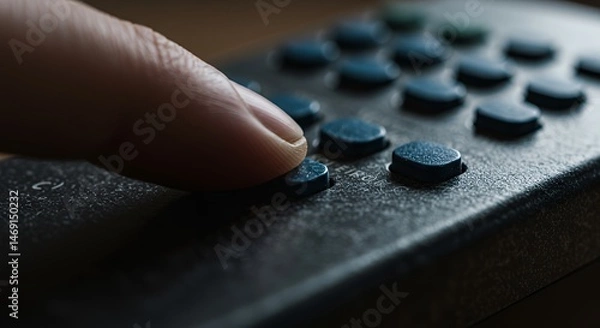 Fototapeta Close-up of a Finger Pressing a Button on a Dusty Remote Control