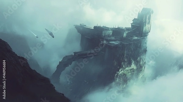 Fototapeta Ethereal Citadel: A Fortress Piercing the Mists of an Alien Landscape