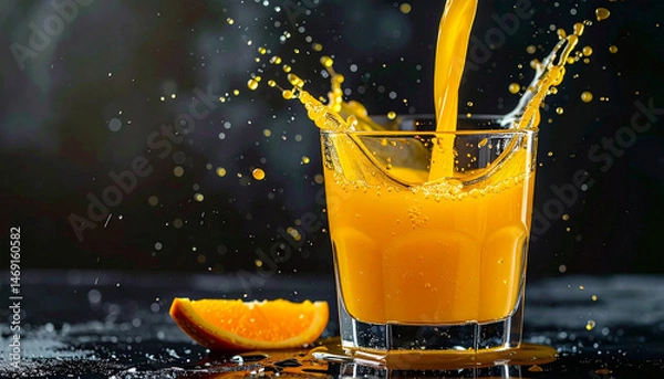 Fototapeta Generated image orange juice pouring into glass with splash on table with dark background hyper