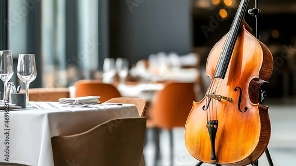 Fototapeta Elegant restaurant interior with a cello on display amidst fine dining setup