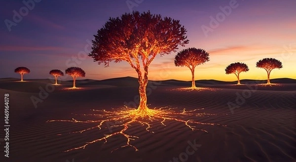 Fototapeta Glowing Trees in Desert Landscape at Dusk with Colorful Sky