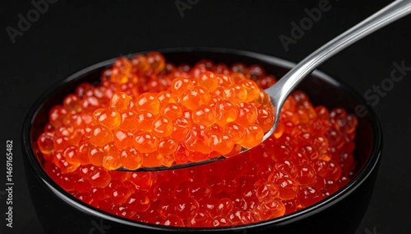 Fototapeta Generated image Red Caviar in a spoon. Caviar in bowl over black background. Close-up salmon caviar.