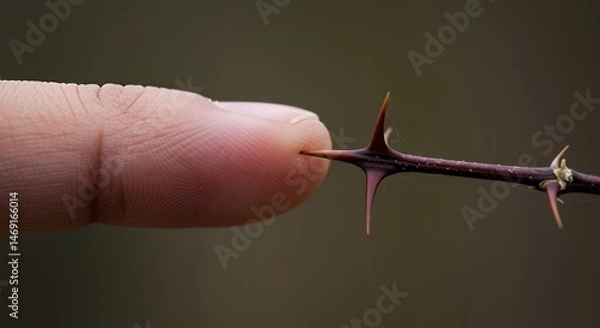 Fototapeta The Perilous Touch: A Macro Photograph of a Fingertip Lightly Grazing a Thorny Branch