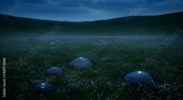 Obraz Stones Resting in Grassy Field with Night Sky and Small White Flowers
