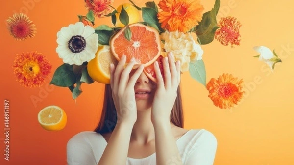 Obraz Creative portrait of woman with flowers and orange fruit surreal colorful fantasy joyful expression