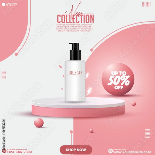 Fototapeta Pink color abstract empty social media cosmetics product sale post design template in an isolated background. 3D rendered empty studio background design vector. Pink podium. 
