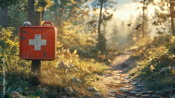 Fototapeta First Aid Kit on a Forest Trail at Sunset forest trail aid first aid kit emergency safety wilderness