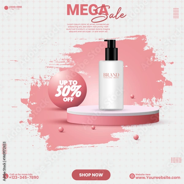 Fototapeta Cosmetics product advertisement poster design vector with pink color and brush effect. 3D realistic product sale social media post design template. Pink abstract empty social media podium design. 