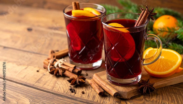 Fototapeta Generated image Two glasses of christmas mulled wine with oranges and spices on wooden background