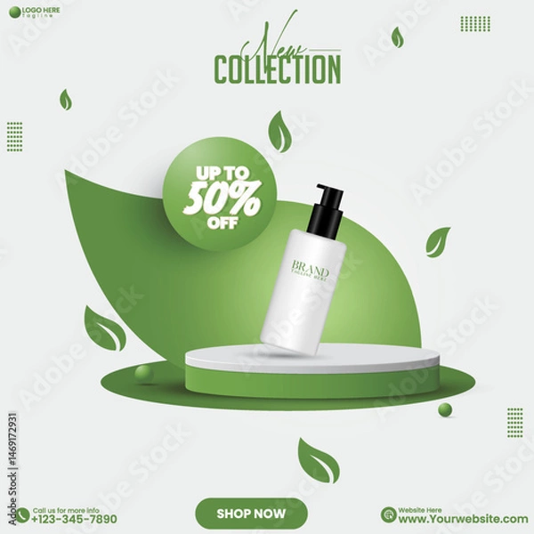 Fototapeta Natural cosmetics product sale advertisement poster design template with leaves. 3D rendered empty studio background design vector. Promotional product sale social media post design template. 