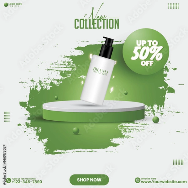 Fototapeta Green color eco product sale social media podium poster design template. 3D realistic promotional natural product sale empty podium design vector. Green abstract empty social media podium design. 