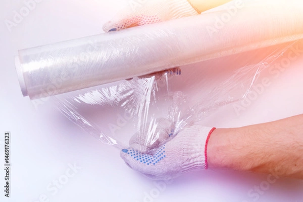 Obraz Stretch film and cardboard packaging on a white background top view. Packaging of goods. A knife for cutting cardboard.