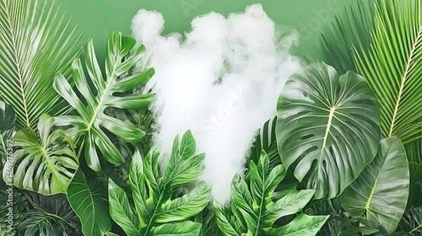 Fototapeta Light white mist hovering above a lush green background, adding a soft and ethereal feel to the vibrant natural setting.