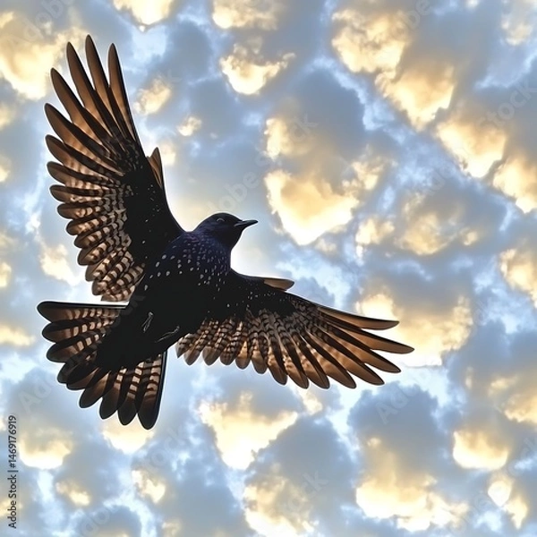 Fototapeta A bird with wings spread wide, gliding smoothly across a sky full of clouds, with the soft, billowing clouds adding texture to the serene sky.