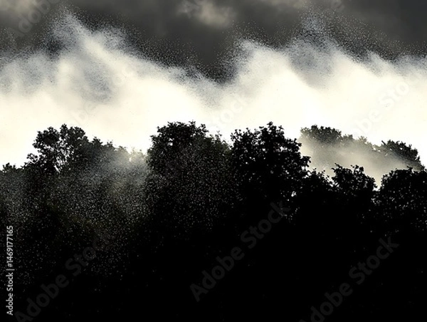 Fototapeta Dramatic white mist swirls and billows in motion over a black canvas, with swirling patterns that create a striking contrast against the deep darkness, adding an element of mystery and intensity.