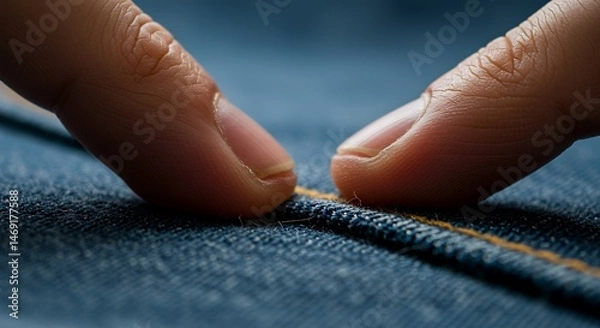 Fototapeta Close-up of Fingers Tracing Denim Seam:  Texture, Detail, and Craftsmanship