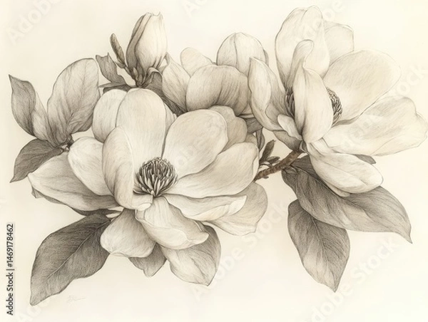 Fototapeta Delicate magnolia blossoms in sepia-toned illustration.  Detailed drawing of a magnolia branch with several large, elegant flowers and leaves.  Soft light and shadow enhance the texture