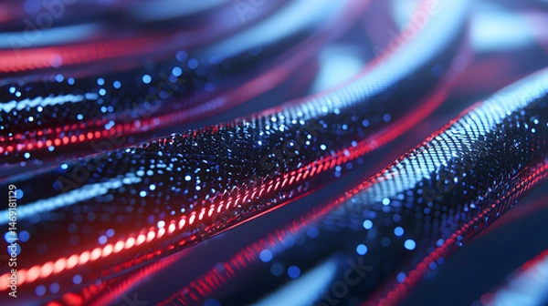 Fototapeta Cybernetic Threads: A mesmerizing close-up showcases a network of sleek, metallic threads, interwoven with radiant light, evoking the essence of technological interconnectedness. 