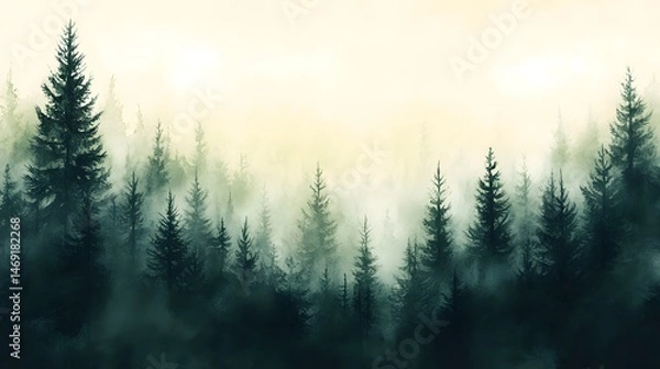 Fototapeta Misty, tranquil forest scene, rendered in soft color tones.
