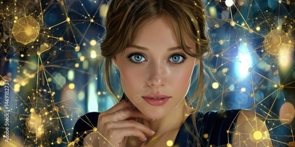 Obraz Expansion of AI Concept. A stunning portrait of a young woman with beautiful blue eyes and soft makeup, surrounded by an enchanting abstract light pattern.