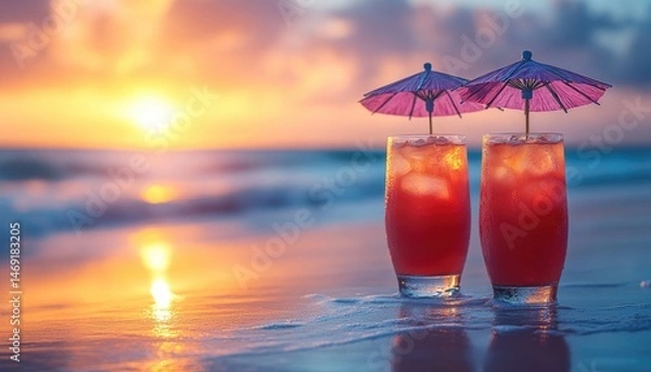 Fototapeta Two pink drinks on the beach at sunset