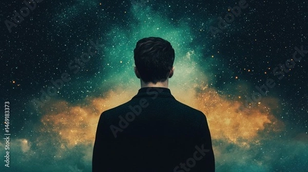 Fototapeta Expansion of AI Concept. A reflective figure stands alone, gazing at a mesmerizing cosmic scene filled with stars and colorful clouds, inviting thoughts of wonder and exploration.