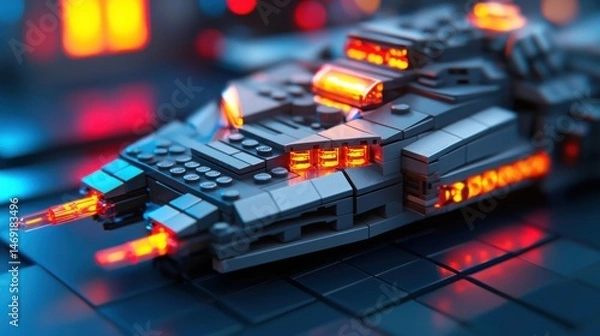 Obraz Expansion of AI Concept. A striking futuristic spaceship model made from building blocks, illuminated with vibrant colors, highlighting creativity and intricate design details.