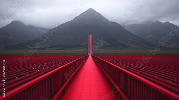 Obraz Expansion of AI Concept. A striking red walkway draws the eye towards a majestic mountain, surrounded by clouds in a serene landscape. This image captures the beauty and depth of nature.