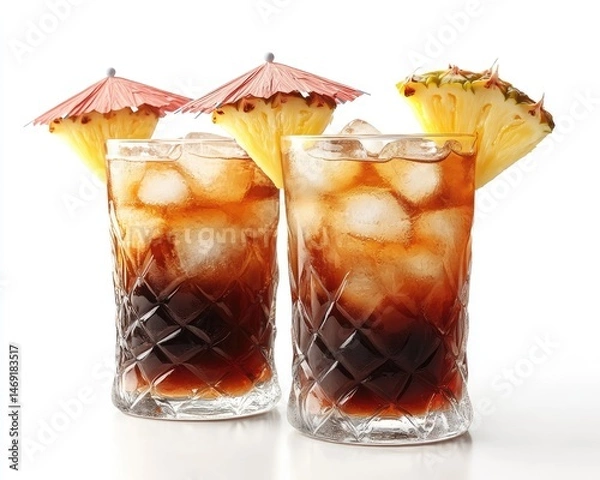 Fototapeta Two glasses of iced drinks garnished with pineapple slices and paper umbrellas