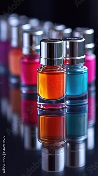 Fototapeta Colorful cosmetic bottles in a row, reflecting on a dark surface