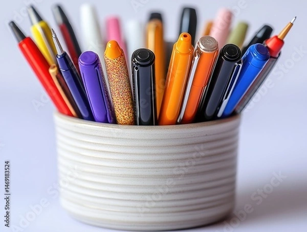 Fototapeta Assorted pens in a decorative holder.  Colorful writing instruments neatly arranged in a white ribbed pot