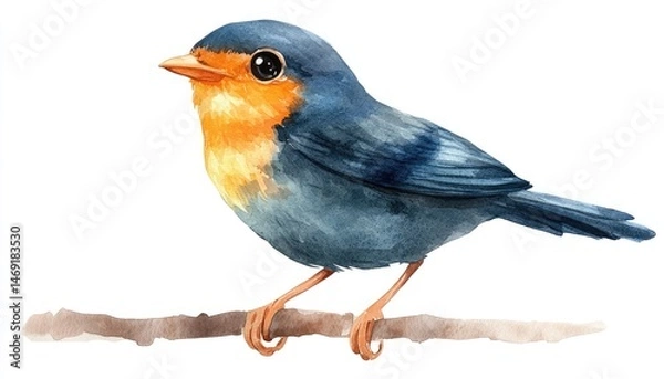 Fototapeta Watercolor illustration of a small bird perched on a branch