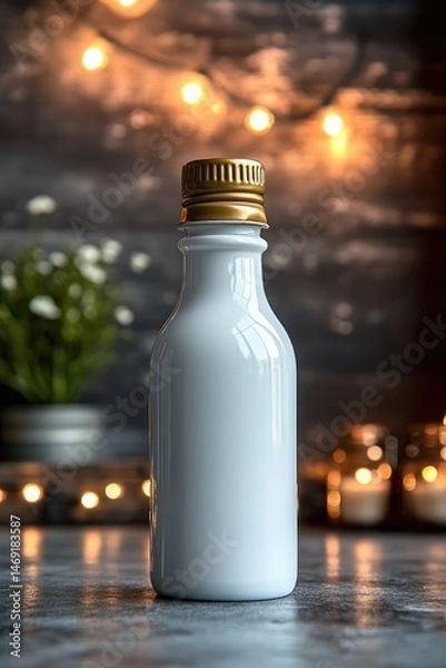 Fototapeta White bottle with gold cap on table
