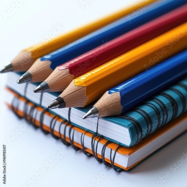 Fototapeta Colorful pens and pencils on a stack of notebooks