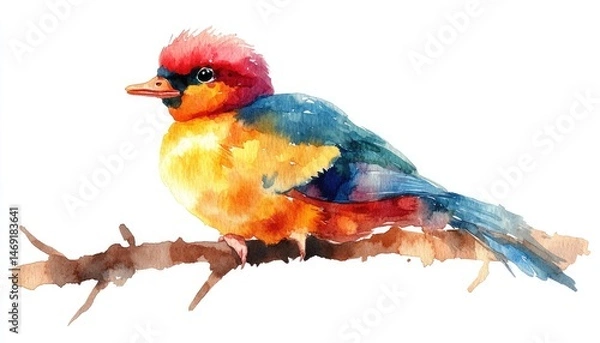 Fototapeta Vibrant bird perched on branch. Watercolor style