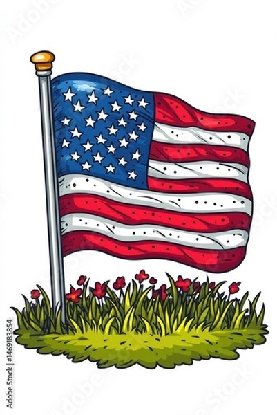 Fototapeta American flag waving in grassy field