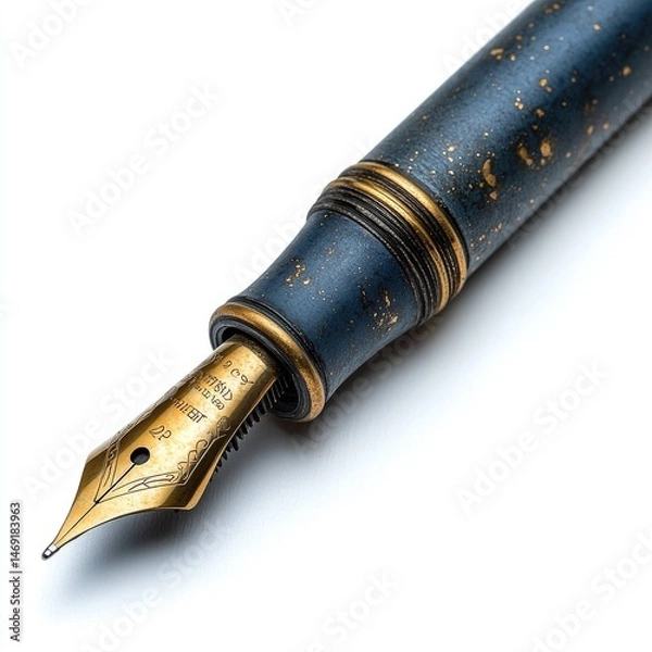Fototapeta Detailed view of a stylish fountain pen.  The pen's body features a unique dark blue finish with gold speckles, showcasing a handcrafted aesthetic.  A golden nib adds a touch of elegance