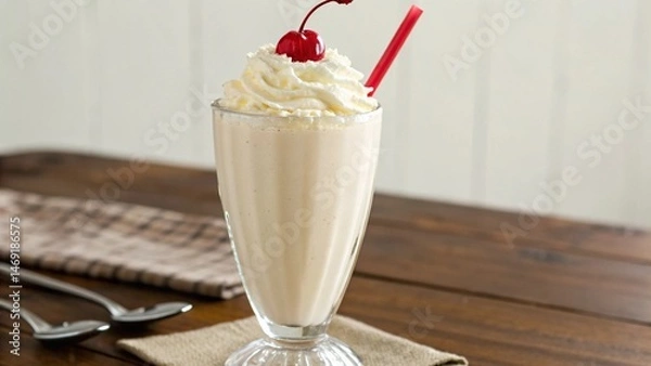 Obraz A tall glass of classic milkshake topped with fluffy whipped cream and a bright cherry
