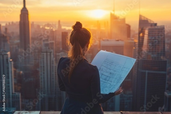 Fototapeta Architect studies blueprints against a sunrise cityscape; designing the future, overseeing construction, and ensuring safety standards.