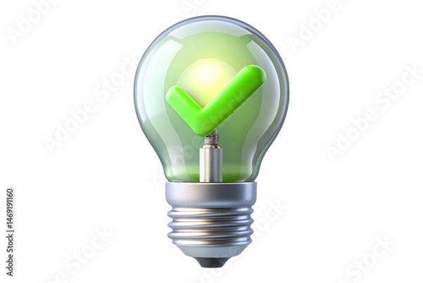 Fototapeta 3D Render of Light Bulb with Green Checkmark Inside PNG Transparent Background
