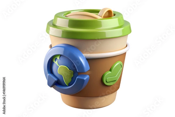 Fototapeta 3D Render Reusable Coffee Cup with Earth and Heart Symbols PNG Transparent Background