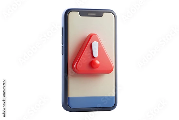 Fototapeta 3D Render of Smartphone with Red Warning Sign Icon PNG Transparent Background