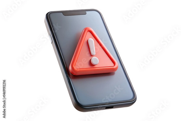 Fototapeta 3D Render of Smartphone with Red Warning Sign Icon PNG Transparent Background
