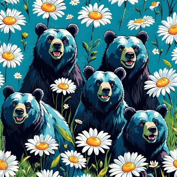 Fototapeta Vector illustration of a playful family of bears in a field of daisies, with a bright blue sky and fluffy white clouds above them.