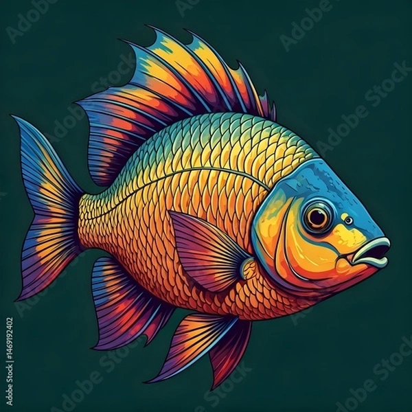 Fototapeta Digital matte picture with colored fish. The picture is drawn in a pop art style.