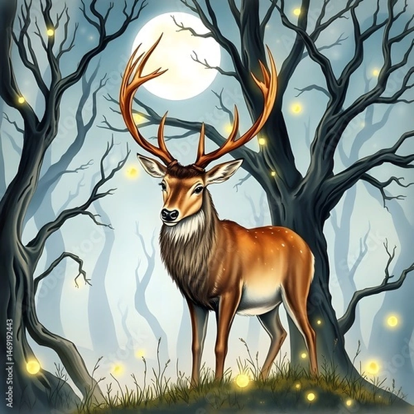 Fototapeta The illustration depicts a majestic deer with spreading horns standing in the middle of a magical night forest.