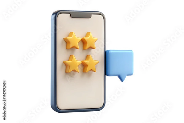 Fototapeta 3D Render of Smartphone with Four Gold Stars and Blue Speech Bubble PNG Transparent Background