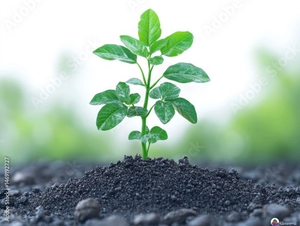 Fototapeta A young plant sprouts from the earth.  A vibrant seedling pushes upward through rich soil