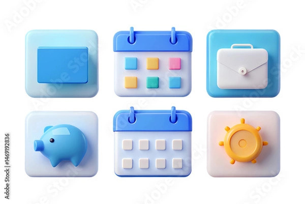 Fototapeta 3D Render of Six Colorful Icons: Folder, Calendar, Briefcase, Piggy Bank, and Steering Wheel PNG Transparent Background
